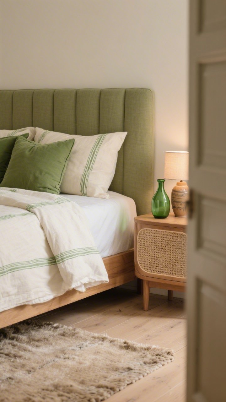 Detail closeup, slightly angled: Focus on a mid-height sage linen upholstered headboard with a creamy off-white linen duvet featuring a subtle green pinstripe. Layered pillows in two tones of green. Background hints of oatmeal-painted walls and pale oak floors. On the nightstand, a green glass carafe; nearby, a tiny wood-and-ceramic lamp with soft evening glow. Include tactile details of a wool-mix rug in soft sand at the bed’s edge. Natural wood furniture edges (rounded nightstand, cane-front wardrobe edge) softly out of focus. Peaceful, nature-nodding, photorealistic.