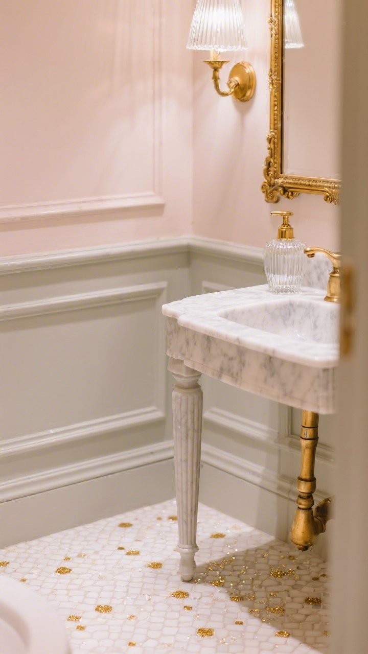 Detail closeup, slightly angled, of a Parisian Powder Room floor and lower wall: micro-mosaic tile in creamy white with random flecks of metallic gold catching light; soft blush/pale greige paneled walls with delicate molding just visible at the edge of frame; the petite marble-topped console vanity with fluted legs peeking in, vintage-look brass faucet gleaming; ornate gilt mirror edge and ribbed glass sconce with brass backplate softly blurred in the background; reeded-glass soap dispenser with a gold pump near the basin; sparkle scattered like glitter tips over a nude base; warm, flattering powder-room lighting.