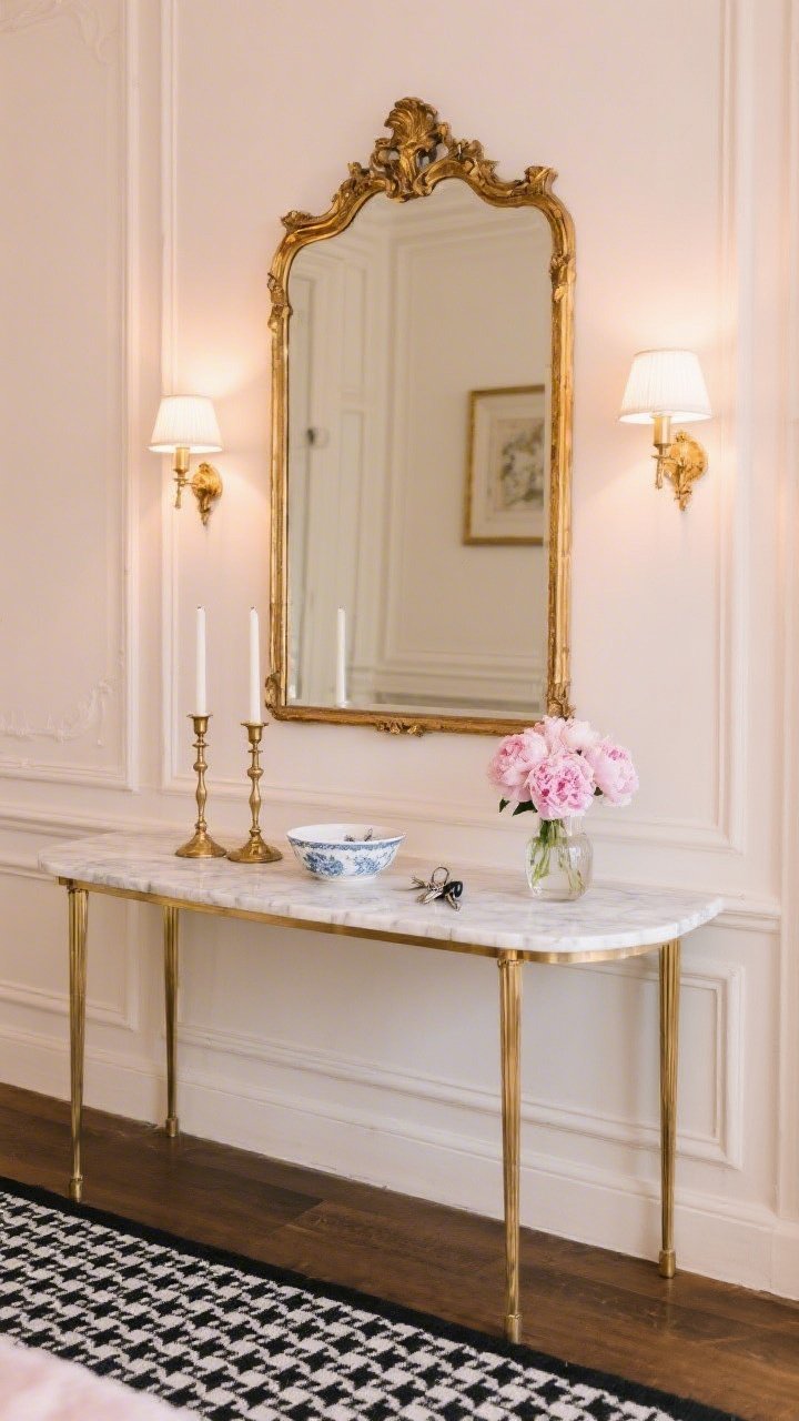 Detail closeup, slightly angled, photorealistic shot capturing Parisian chic textures: creamy walls with classic picture-frame molding; a slim marble-top console with delicate brass legs; a gilded antique mirror above reflecting soft light; on the console, a pair of brass candlesticks, a porcelain bowl for keys, and a tiny vase of blush peonies; edge of a houndstooth runner visible at the bottom; warm, symmetrical light from two brass sconces flanking the mirror; palette of cream, soft blush, brass, black accents, and marble white; refined, elegant mood, no people.