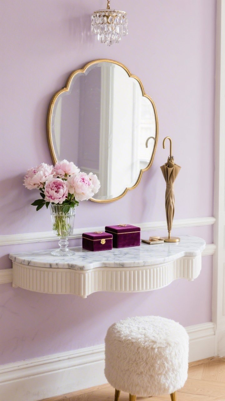 Detail closeup, slightly low angle on Parisian pastel glam console vignette: blush or dusty lavender wall with crisp white molding, petite marble-topped console with fluted/scalloped edges, curvy gilt mirror catching soft afternoon light. On the console, pastel peonies or ranunculus in a footed glass vase, a pair of velvet-lidded boxes for essentials, and a slim brass umbrella stand just beside. Include a bouclé or velvet cream stool tucked partially under the console. Overhead sparkle hinted by reflections from a petite crystal flush mount. Elegant, refined, romantic palette of blush/lavender, white, brass, and marble.