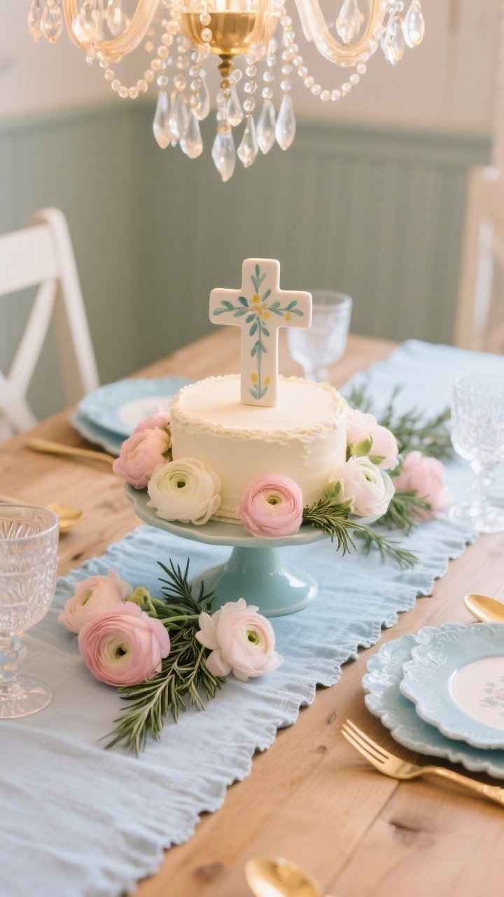 Detail closeup, slightly overhead of a cottage dining table centerpiece: ceramic hand-painted cross perched on a cake stand surrounded by loose ranunculus and sprigs of rosemary; floral linen runner beneath, scalloped placemats peeking in frame, gold flatware tips and etched glass goblet stems visible; soft blush, dusty blue, and buttercream palette; warm beaded chandelier glow reflected subtly; romantic, cheerful, photorealistic, no people