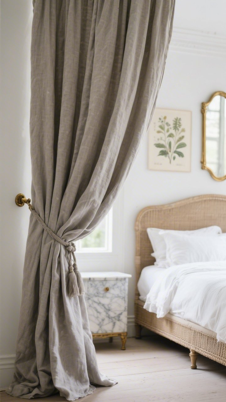 Detail closeup, soft daylight: Stone-washed linen curtains in mushroom gray with refined euro pleats grazing the floor on antique brass hardware, petite matching-linen tie-backs loosely gathered for an afternoon-breeze moment; in the blurred background: chalky white walls, a French cane bed dressed in layered white-on-white bedding, vintage botanical prints, a marble-topped nightstand, and a narrow gilded mirror catching light; romantic, lived-in mood, photorealistic.