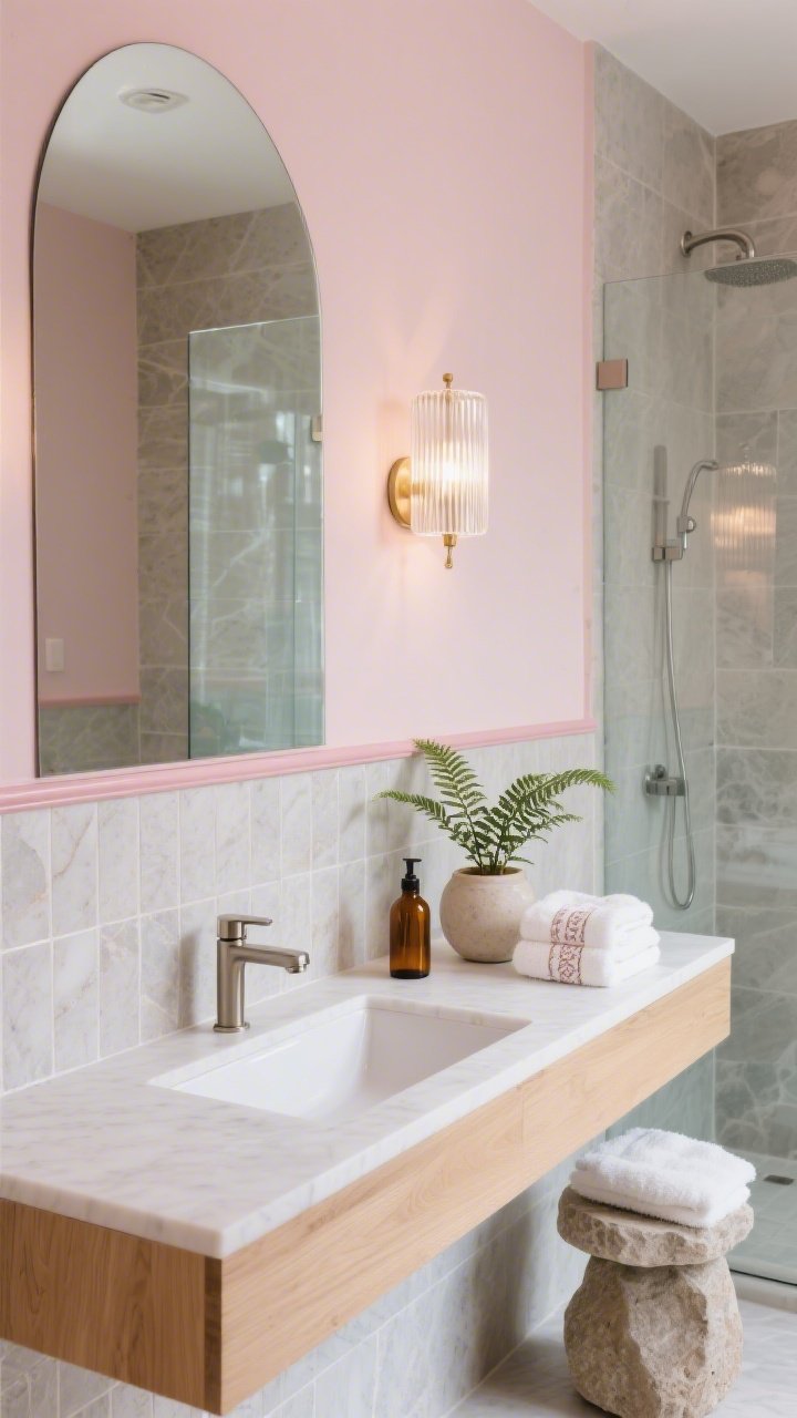 Detail closeup, spa-like bathroom materials and fixtures: blush paint on upper wall meeting soft greige stone-look porcelain tiles below, divided by a thin blush chair rail; pale oak floating vanity with white quartz top; rectangular vessel sink with brushed nickel taps; edge of an arched mirror and ribbed glass sconce casting soft, flattering light; hints of clear glass shower panel and large-format tiles in background; styled with fluffy white towels, blush-and-white Turkish hand towels, stone stool edge, fern in ceramic pot, and amber bottles. Photorealistic, serene, clean, soft lighting.