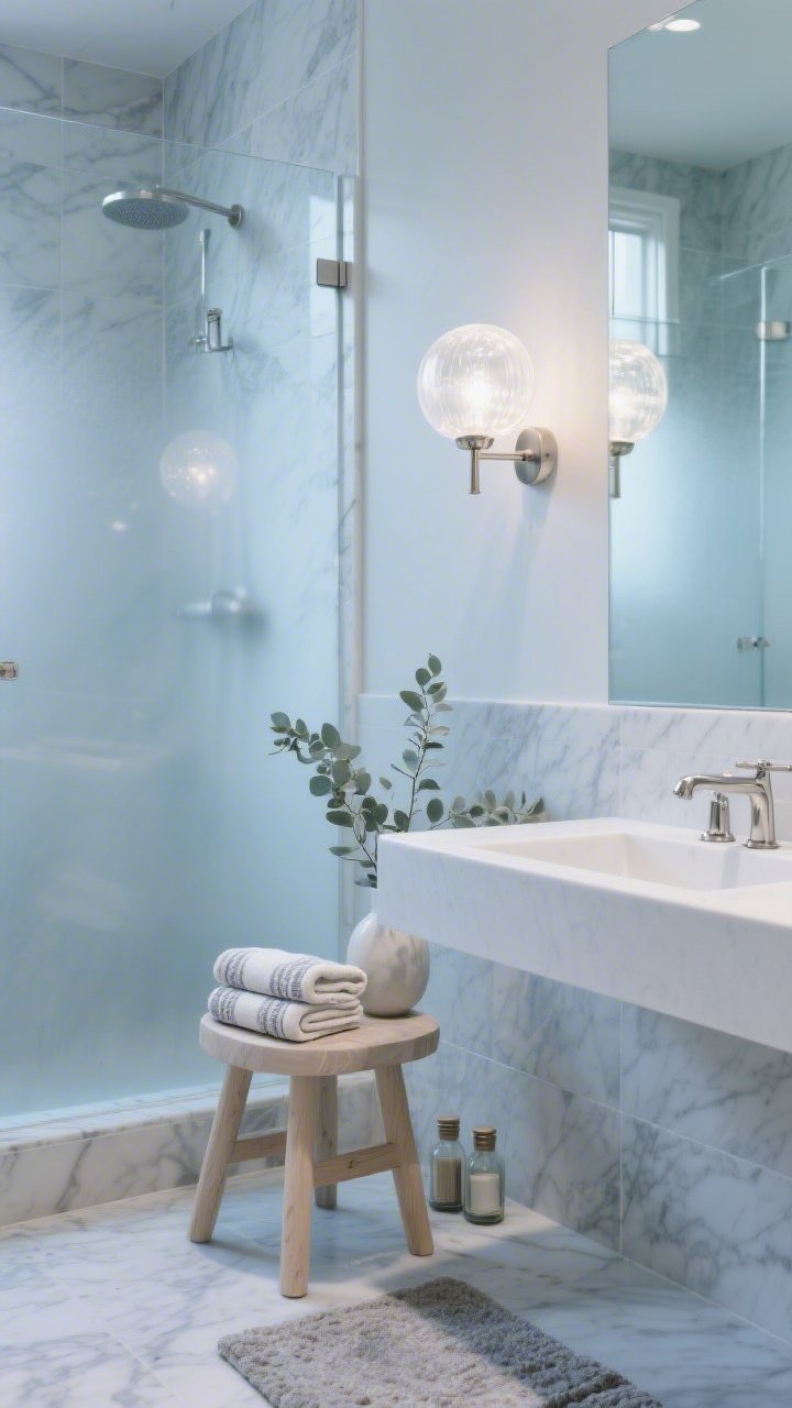 Detail/closeup: Spa-like primary bath vignette showing a misty, almost-silver blue wall meeting marble-look tile; a floating white vanity with gentle edge detail and polished nickel fixtures, reflected softly in a frameless glass shower panel; frosted globe sconce glow, pale wood stool with neatly folded Turkish towels, eucalyptus sprig in a bud vase; stone bath mat and slim apothecary jars nearby; clean, luxurious, softly lit, photorealistic, three-quarter close angle.