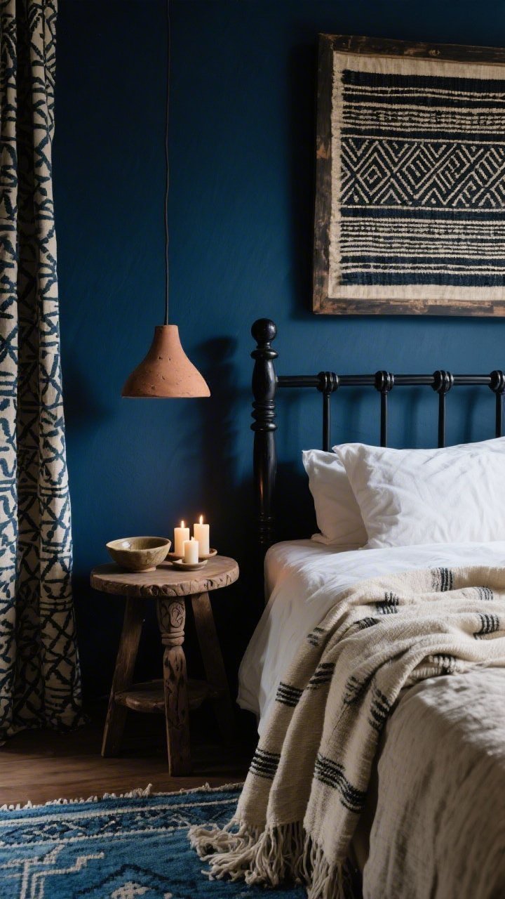 Detail closeup, straight-on crop: Focus on handcrafted layers against a deep indigo wall—black-stained spindle bed with natural linen bedding and a heavy, hand-loomed throw draped casually at the foot. Above the headboard, a framed textile wall piece (mudcloth or block-printed fabric) shows fine pattern and texture. On a petite carved stool serving as a nightstand, a ceramic dish and candle cluster glow softly; a single clay pendant casts moody light. Hints of block-print curtains and a faded blue kilim edge at the bottom of frame. Palette: indigo, natural flax, ebony, cream. Intimate, low warm lighting.