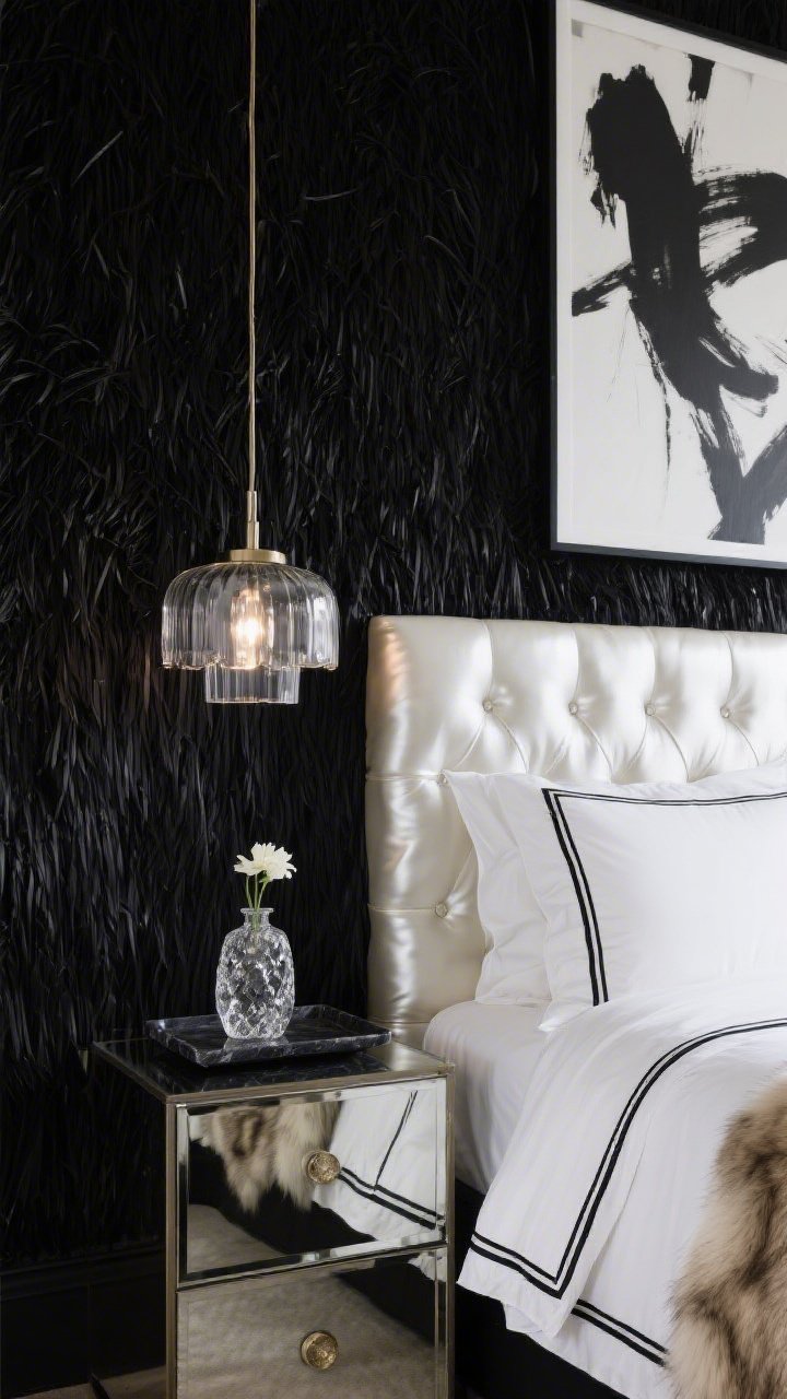 Detail closeup, straight-on crop of a black grasscloth feature wall meeting a pearl satin headboard; crisp white bedding with inky black piping and a plush faux fur throw; mirrored nightstand reflecting the soft glow from a smoked glass pendant above; onyx tray with a crystal bud vase styled on the nightstand; oversized monochrome abstract artwork slightly blurred in the background; high-contrast glam with soft sparkle, no people, photorealistic.