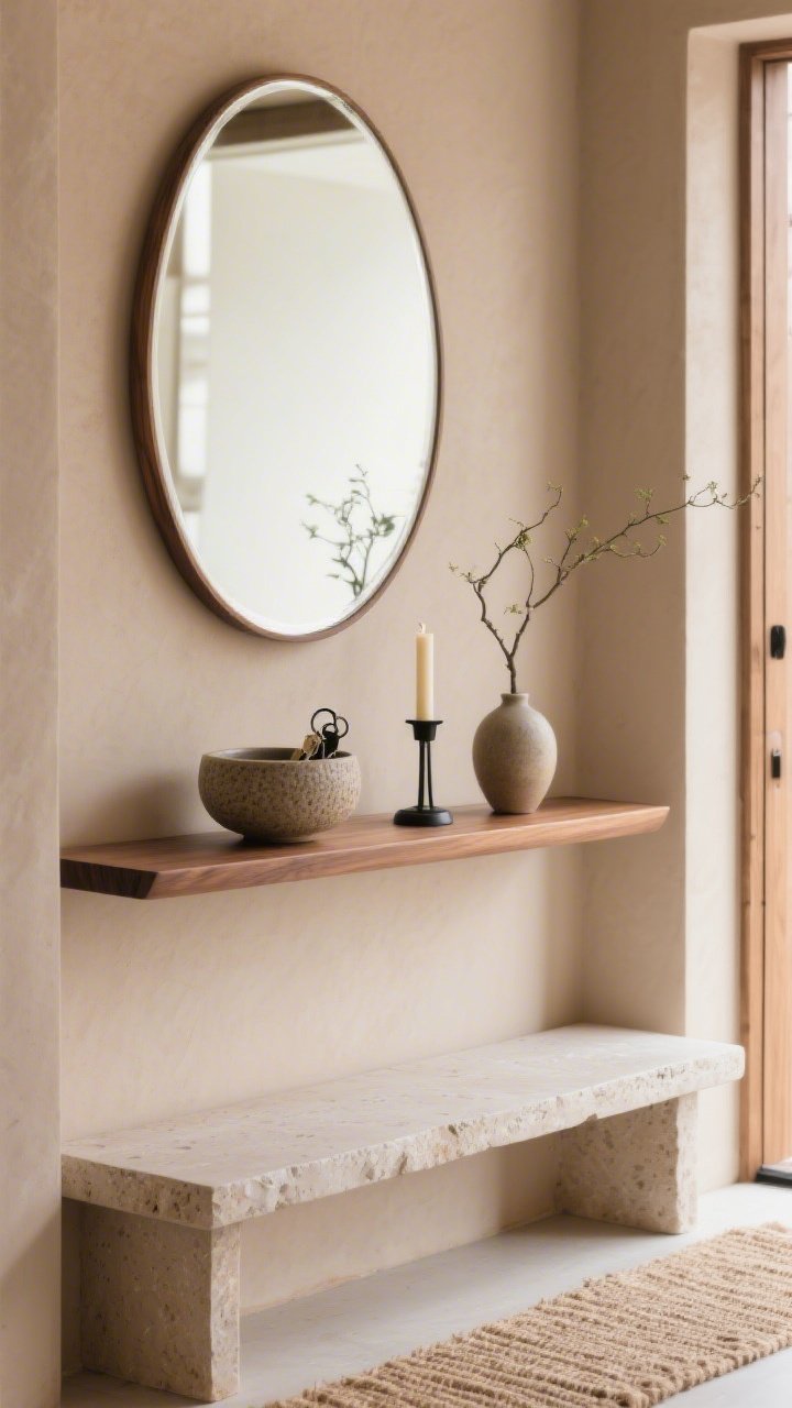 Detail closeup, straight-on: Japandi entryway vignette focused on a slim walnut floating shelf against a soft clay beige wall; on the shelf: a single textured stoneware bowl for keys, one tapered candle in a black iron holder, and a petite ikebana-style branch arranged in a low ceramic vase; the edge of an oval, slightly oversized frameless mirror glints above; below, a hint of a narrow honed limestone bench; natural jute runner texture visible at the bottom edge; calm, sculptural simplicity with soft, diffused daylight.