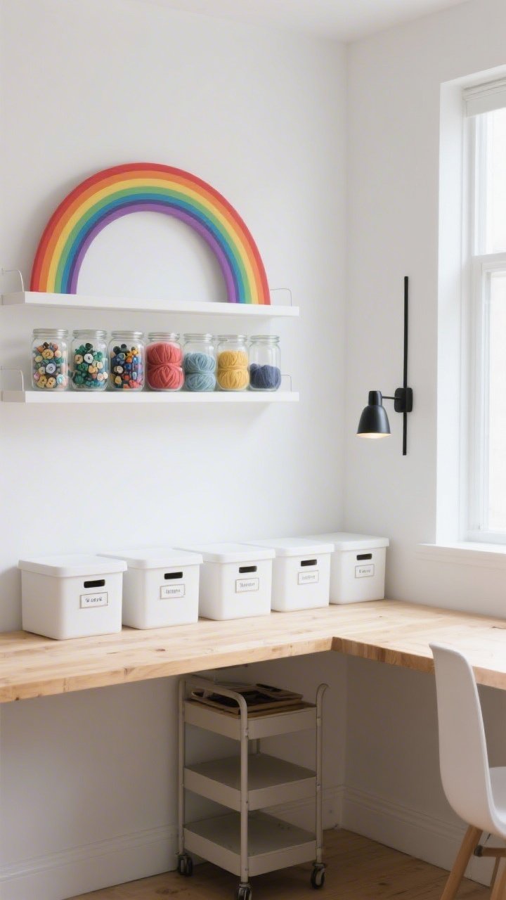 Detail/closeup straight-on: Serene Rainbow Minimalist floating shelf rainbow—glass jars of beads, buttons, and yarn organized by color against soft white walls; soft daylight from a nearby window with subtle illumination from slim matte black sconces; below, the edge of a blonde wood workbench and lidded white storage bins with tiny enamel labels; a narrow vertical trolley tucked under the desk; calm, clean lines, photorealistic.