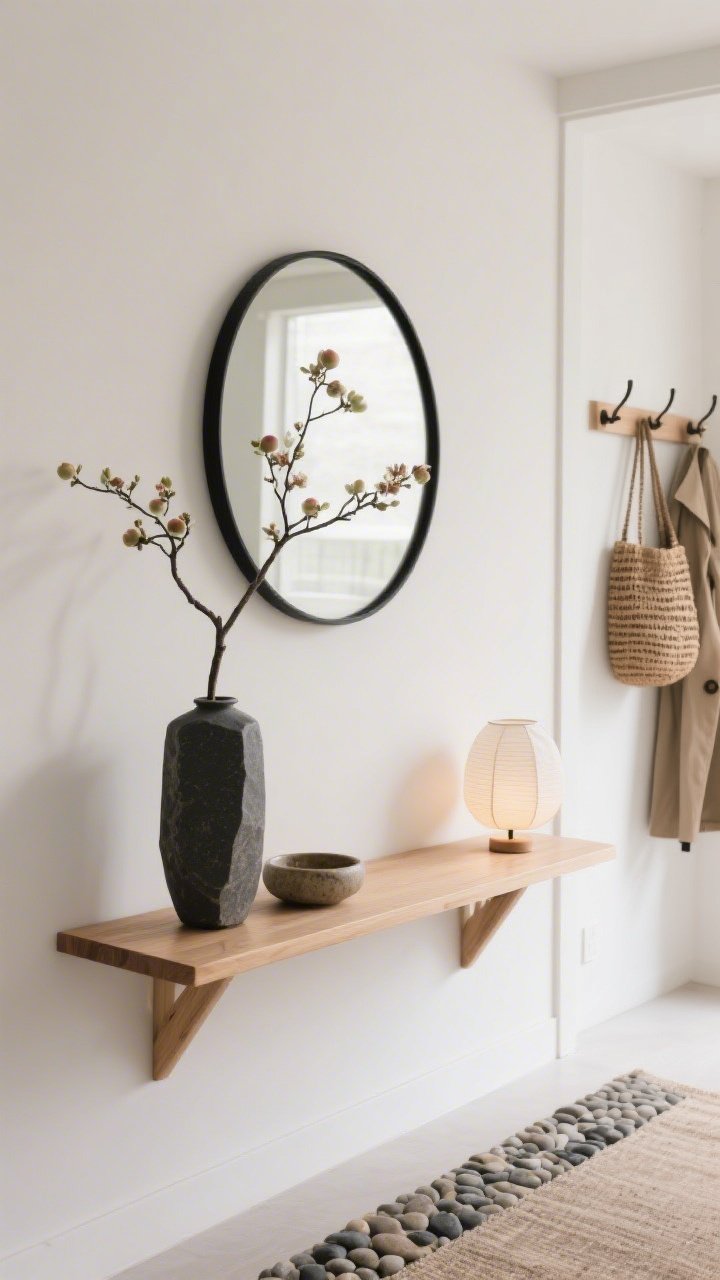 Detail closeup, straight-on vignette of a Minimal Japandi Entryway console: warm white walls, pale oak slim console with clean lines, black-framed round mirror centered above; a tall matte stone vase holding a single sculptural branch (quince or cherry blossoms) curving into negative space; pebble-toned runner visible at the bottom edge, ceramic catchall on the console, paper-shade lantern softly lit in the background; hooks with a woven tote and light trench slightly out of focus; palette of warm white, pale oak, charcoal, soft beige; calm, intentional styling with soft natural light, photorealistic.
