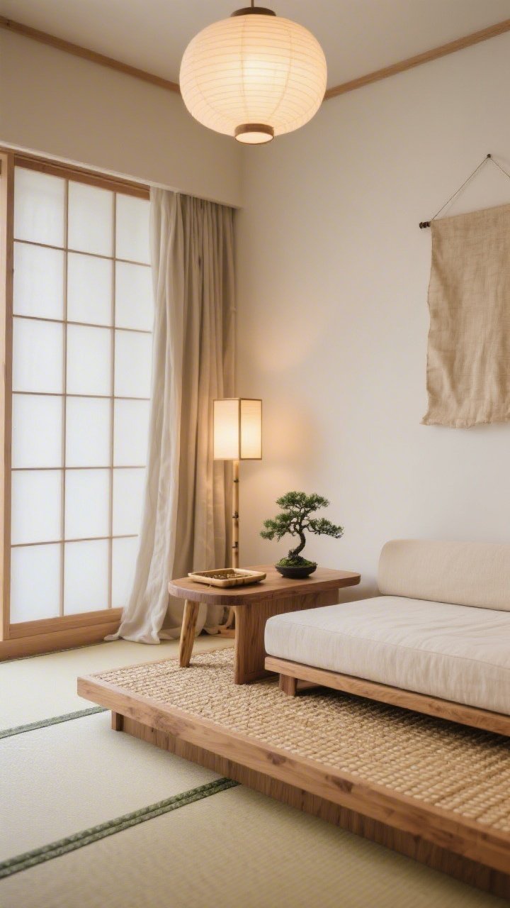 Detail closeup, Tatami Serenity Suite: a low futon-style platform edge resting on a woven tatami-look mat; maple side table with rounded corners holding a small bonsai beside a bamboo tray; linen curtains puddling softly on the floor; shoji-inspired floor lamp glowing warmly with a soft-diffused ceiling lantern light in the background; a single raw silk wall hanging partially visible, emphasizing natural fibers and breathability; palette of maple, straw, ecru, warm white; intimate focus on textures and joinery, shallow depth of field, photorealistic.