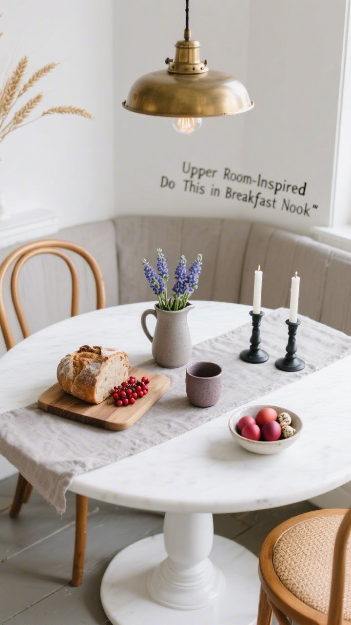 Detail closeup, “Upper Room-Inspired Breakfast Nook”: Overhead view of a round pedestal café table covered in a crisp white tablecloth. A rustic loaf of bread on a wooden board, a small pitcher filled with red berries or grape hyacinths, and two stoneware cups. Linen runner beneath, matte black candlesticks to one side, and a subtle gray “Do This in Remembrance” decal visible on the wall edge. Palette of chalk white, wheat, taupe, mulberry accents. Hints of painted white pedestal base and bentwood chair backs in frame. Warm brass pendant light casting a soft glow; a shallow bowl of dyed eggs in berry tones adds gentle sparkle. Photorealistic, reverent, no people.