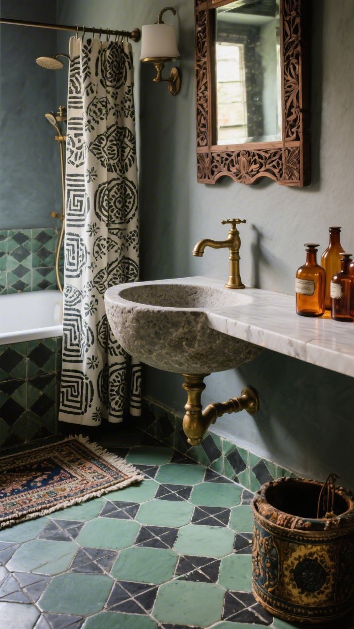 Detail closeup: Vintage Bazaar bathroom elements—small-scale encaustic floor tiles in sage and charcoal, an antique brass faucet over a stone vessel sink, a carved teak mirror reflecting soft light, the edge of a block-printed shower curtain, a petite Persian mat by the tub, and amber apothecary bottles clustered on the counter; moody, treasure-hunt charm.