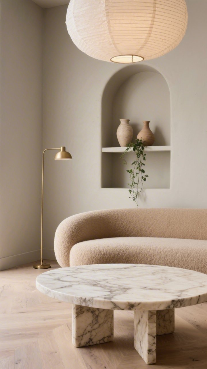 Detail closeup, Warm Minimalism With Curves: focus on a low oval travertine coffee table with natural veining, a curved fawn-colored sofa edge in soft boucle behind it, and a built-in niche shelf in greige walls displaying sculptural ceramic vases and a single trailing plant. Pale oak floor visible; overhead glow from a sculptural paper lantern diffused softly. Include a hint of brushed brass floor lamp stem in frame. Palette: greige, fawn, bone, pale oak. Materials: travertine, boucle, paper, brushed brass. Photorealistic, shallow depth of field.