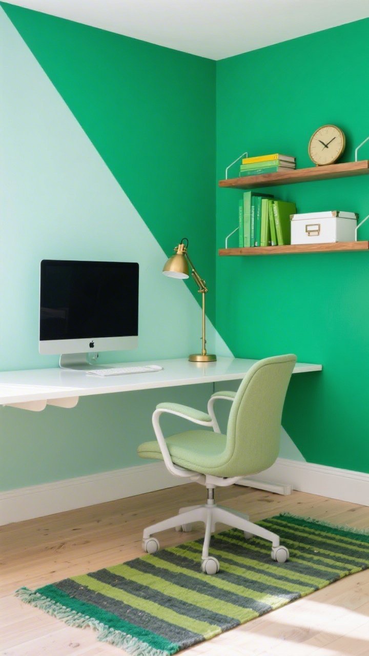 Detail/desk-level shot of a playful workspace: diagonal ombré feature wall sweeping from mint in the top-left to emerald in the bottom-right behind the desk; white waterfall-edge desk popping against the greens; pistachio task chair with curved arms; thin floating oak shelves holding color-blocked accessories—matcha-colored book spines, white storage boxes, small brass clock; adjustable brass sconce over the monitor; pale wood flooring with a kilim runner in jade and slate stripes; crisp daylight, energetic yet soothing, photorealistic