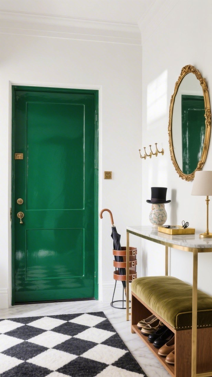 Detail/entryway medium shot from a slight side angle: high-gloss emerald front door, black-and-white checkered runner underfoot. Slim console table topped with a brass-framed mirror above. Petite umbrella stand with belt-like leather straps beside the console, and a small marble tray for keys catching a gold-like gleam. Antique brass hooks in a neat row on the wall. Compact bench with olive cushions and hidden shoe storage just in frame. A tiny ceramic top-hat figurine by the lamp on the console. Clean, welcoming daylight. Photorealistic.