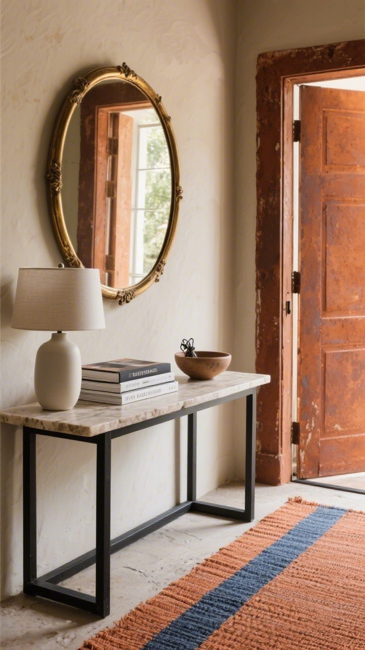 Detail-focused entryway vignette: rust-painted entry walls and a rust-painted door casing/arch framing a minimal black metal console table with travertine top; large round antique-brass mirror above reflecting warm light; console styled with a matte ivory ceramic table lamp, a neat stack of design books, and a hand-thrown bowl for keys; runner on the floor in terracotta and indigo tying the palette; textures of stone, ceramic, natural fiber, metal; close-up at waist height, soft natural daylight.