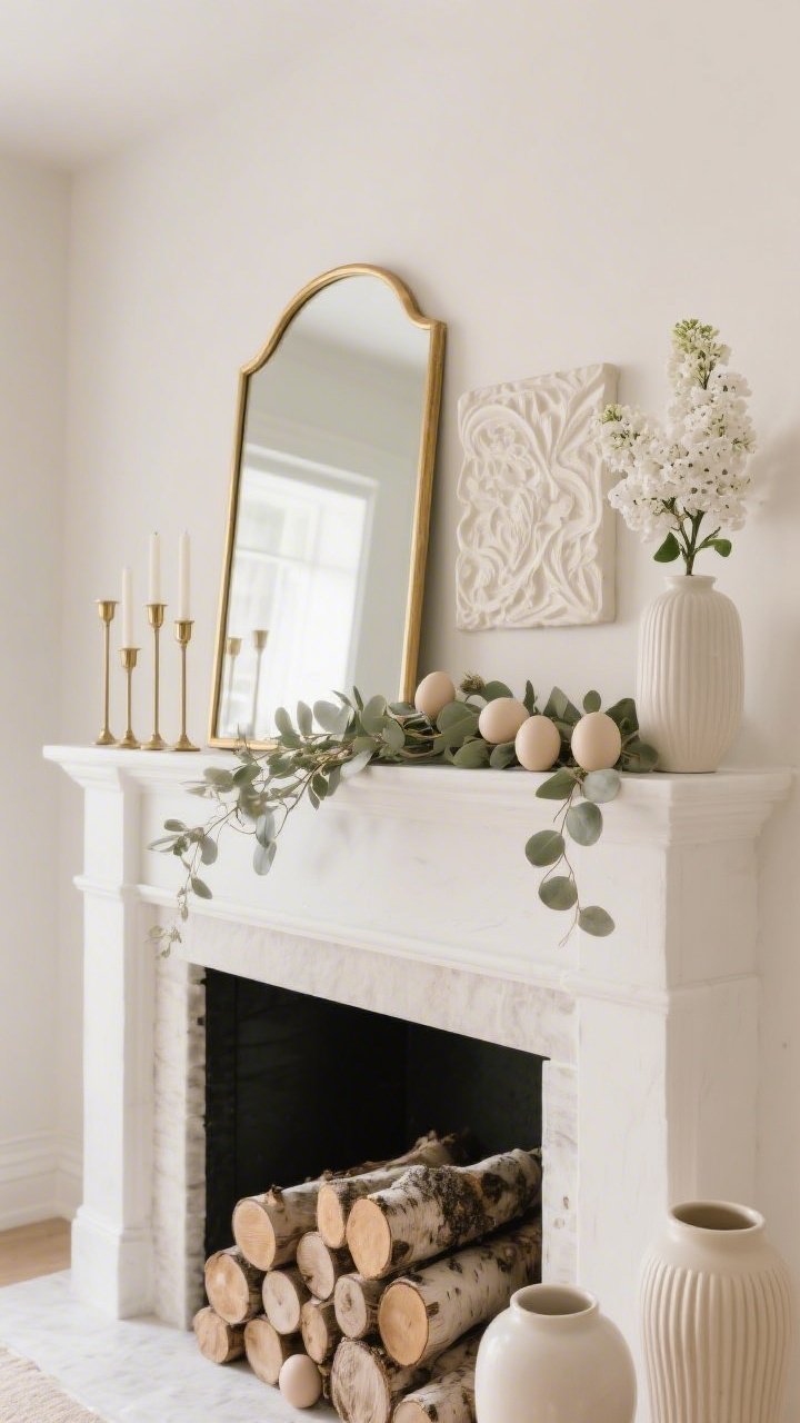 Detail-focused mantel closeup, elegant neutrals: chalky white mantel with a thin gold-framed mirror reflecting light. Leaned beside it, a cream plaster relief. Staggered gold candlesticks line the mantel, while a slim garland of bleached eucalyptus trails across, tucked with matte beige porcelain eggs. Hearth below shows neatly stacked birch logs; to the side, fluted ceramic vessels in sand and ivory; a single stem of white lilac rises in a tall vase. Refined, architectural, softly lit; photorealistic.
