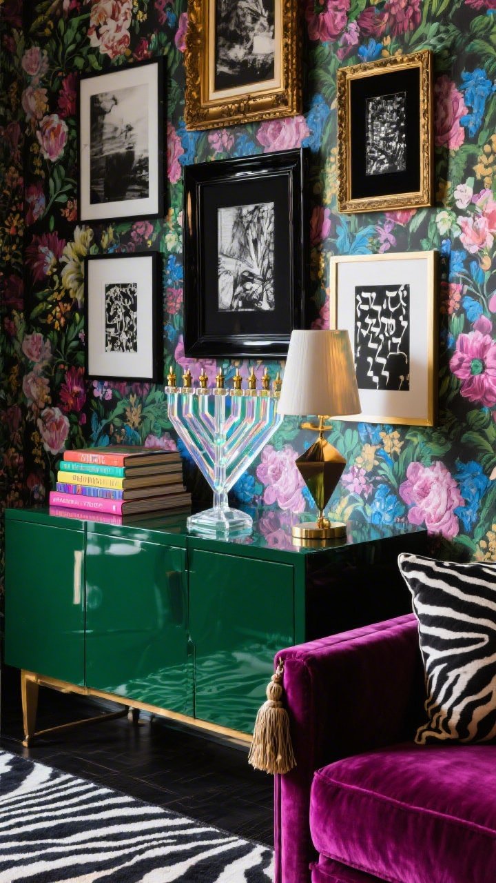 Detail-focused medium shot of a maximalist vignette: painterly floral wallpaper backdrop, eclectic gallery wall with black, brass, and lacquer frames. On a lacquered credenza, a geometric lucite menorah catching and refracting light like a prism. Jewel-toned velvet sofa edge visible with tassel pillows; zebra-print rug pattern peeking in. Stack of vivid art books and a sculptural lamp echoing the menorah’s angles. Rich, saturated colors—emerald, magenta, sapphire—with black-and-white hits; dramatic but polished lighting.
