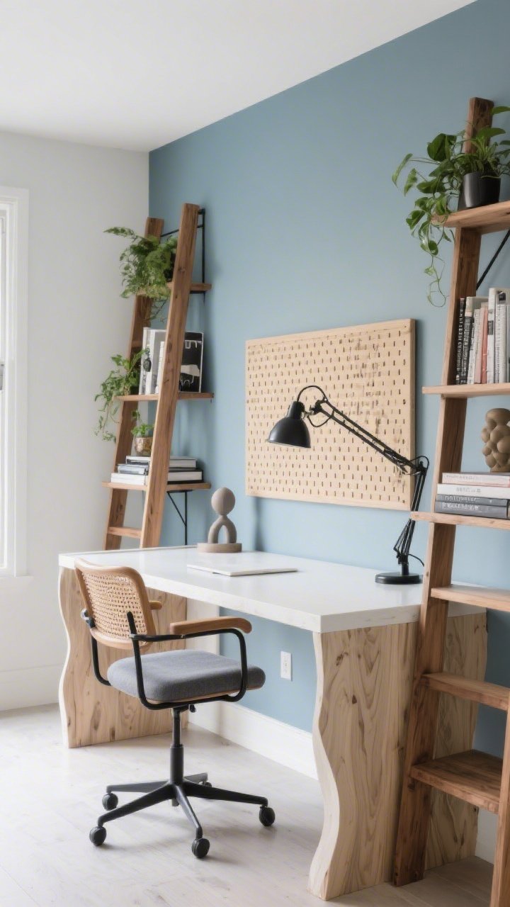 Detail-focused medium shot of a modern home office workstation: DIY white oak waterfall-edge desk with continuous grain wrapping down the sides, pair of ladder bookshelves against the wall displaying plants, design books, and sculptural objects, wood-and-cane task chair with slim slate cushion, wood grid pinboard mounted on the opposite wall within view, back accent wall in soft smoky blue, subtle black metal accents, wood swing-arm sconce providing refined task lighting; crisp, creative ambiance, clean lines, photorealistic.