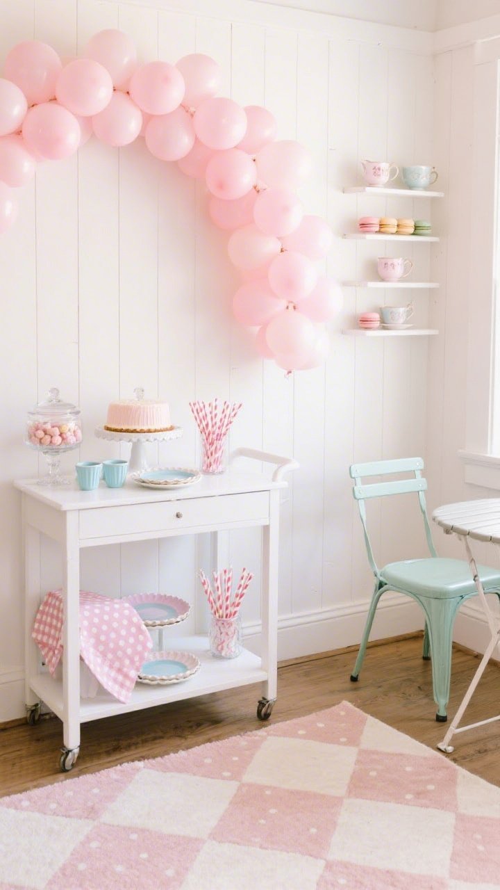 Detail-focused vignette of a sweet shop dessert lounge corner: pastel balloon arch arcing above a white bar cart against a white shiplap backdrop; cart styled with milk glass cake stands, candy jars filled with pastel sweets, scalloped plates, baby blue ramekins, and striped paper straws; nearby bistro table with mint metal chairs peeking in; checkerboard rug in ivory and blush beneath; polka-dot napkins and a gingham runner layered; mini wall shelves displaying pastel macarons and teacups; soft, cheerful lighting; photorealistic, three-quarter angle.