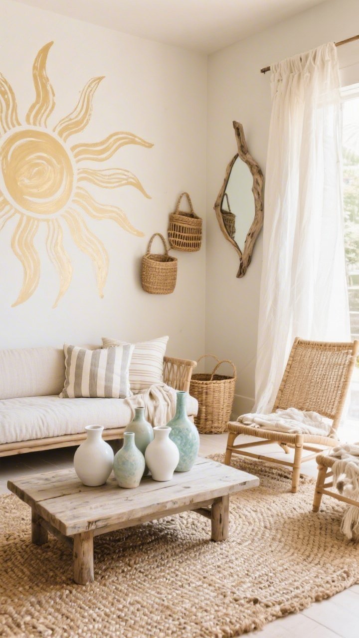 Detail/medium hybrid, angled toward wall: A coastal boho lounge with a pale sand-colored room and a soft gold stencil accent wall using a loose, hand-drawn sunburst motif—gentle glow rather than glam. A low-profile linen sectional sits beside rattan lounge chairs over a chunky jute rug. A weathered wood coffee table holds a cluster of ceramic vases in chalky whites and sea glass tones. Cotton gauze curtains billow softly; striped throw pillows and lightweight throws layer texture. Woven wall baskets and a driftwood mirror add organic shapes. Bright, relaxed, vacation-ready light.