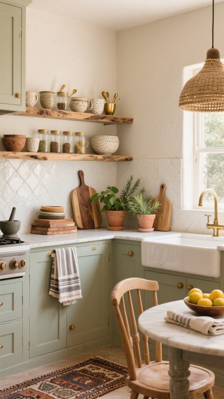 Detail/medium kitchen corner shot, Artisan Boho Kitchen Corner: light cabinets in warm greige or soft sage, zellige-style off-white tile backsplash with artisanal sheen, open live-edge wood shelves displaying mismatched stoneware bowls, speckled mugs, and a neat row of glass spice jars with brass scoops; countertop styled with stacked cutting boards in varied woods and a vintage mortar and pestle; a striped Turkish hand towel draped nearby and a small kilim mat by the sink; aged brass pulls and a simple gooseneck faucet; potted herbs—rosemary, basil, thyme—in clay pots; a woven pendant over a small café table with two spindle-back chairs; a fruit bowl of lemons and a folded stack of linen napkins; soft morning light, photorealistic.