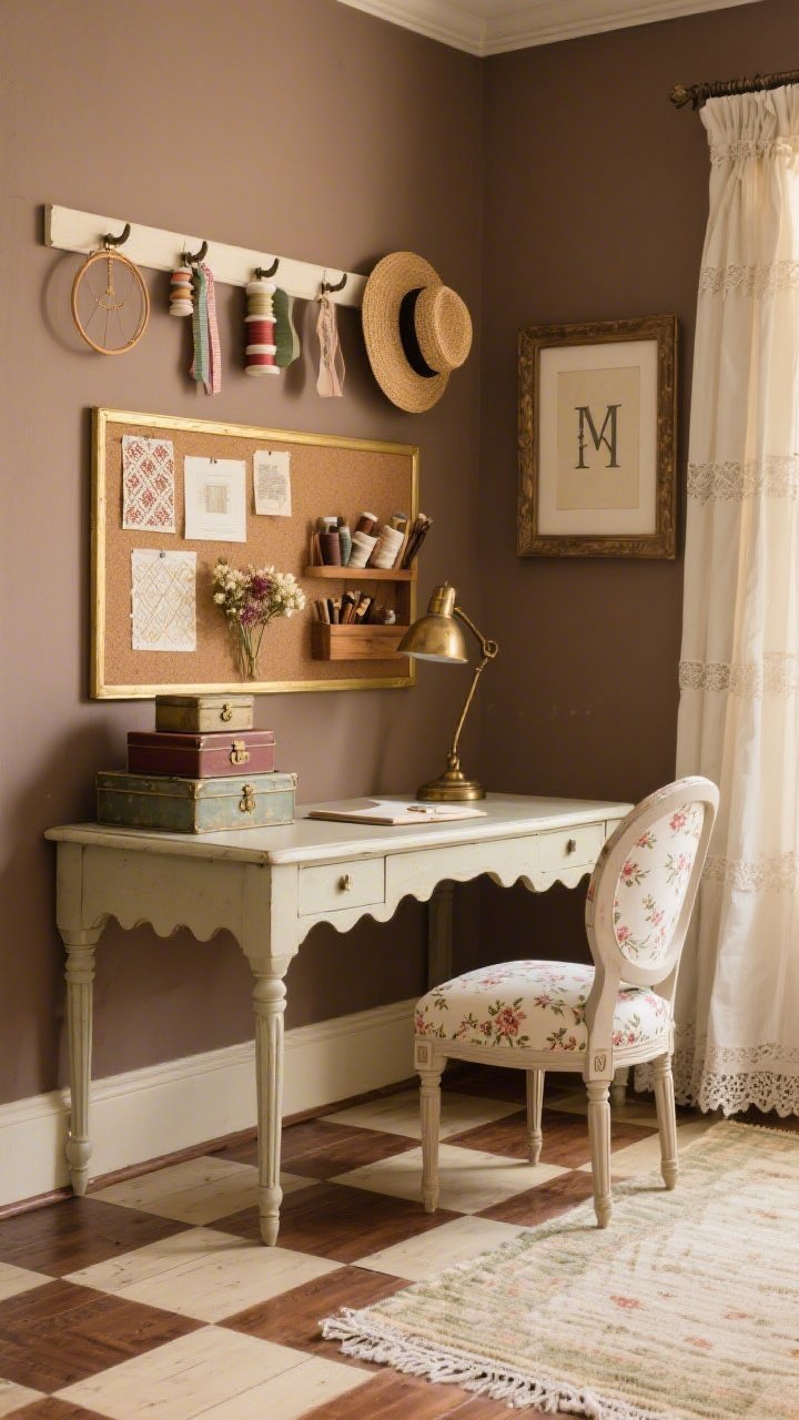 Detail-oriented closeup from a side angle of an Heirloom Sewing Corner Office vignette: warm taupe wall behind a vintage writing desk with scalloped edge; peg rail above holding embroidery hoops, ribbon spools, and a straw hat; slipper chair in petite floral chintz pulled to the desk; aged brass task lamp casting focused light; stacked hat boxes, cigar tins, and a wooden thread caddy organizing supplies; corkboard in a gold frame pinned with pattern clippings and dried flowers; cream-and-cocoa checkerboard painted wood flooring partially visible; lace-trimmed café curtains and a small hooked rug at the edge of frame; framed monogrammed linen as a sentimental touch. Photorealistic, tactile craft-focused mood.