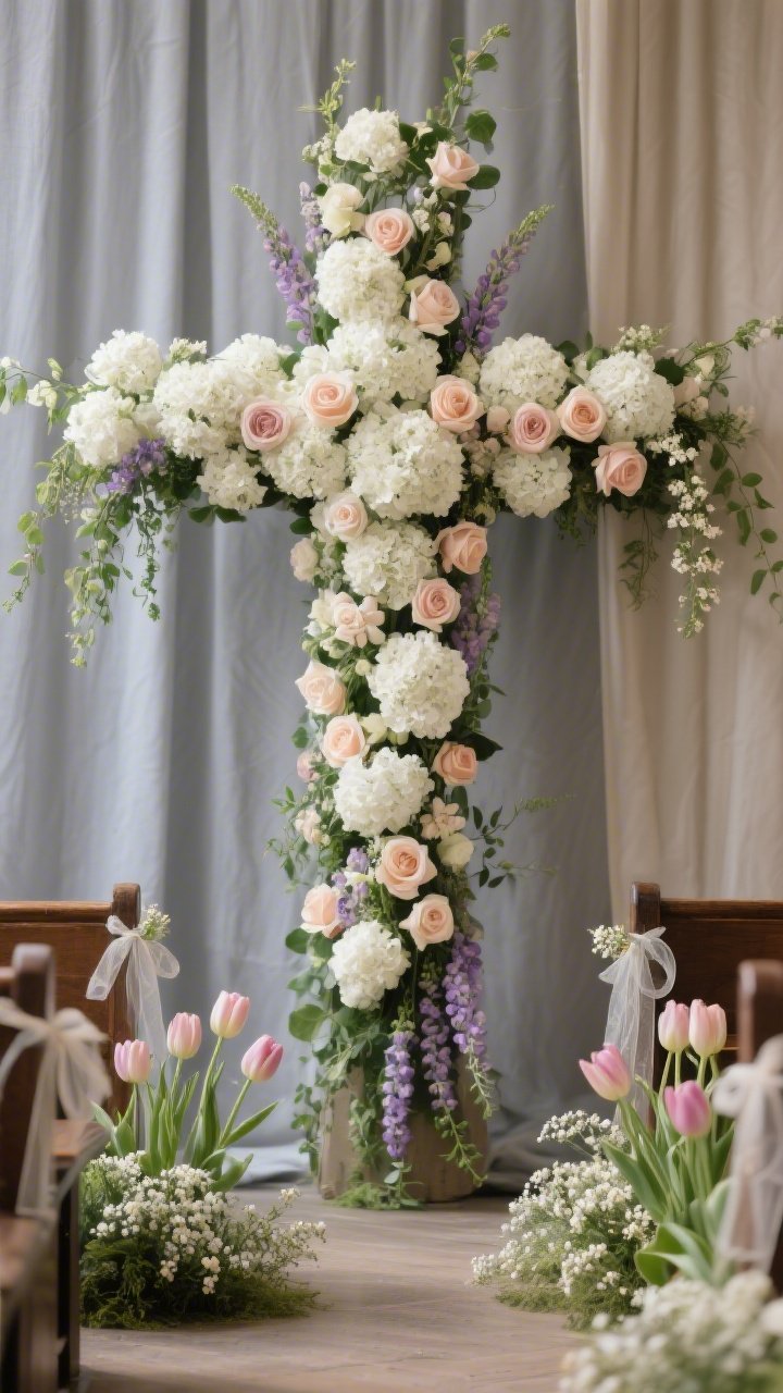 Detail-oriented medium closeup: A statement floral cross installation centered against a soft gray or parchment-toned drape for contrast. The sturdy frame is packed tightly with white hydrangeas, garden roses, snapdragons, and trailing ivy; subtle blush, pale peach, and faint lilac hues appear near the edges for depth. At the base, low meadow arrangements with tulips and waxflower create a gentle floor layer. In the blurred background, pew ends feature small sprigs of waxflower tied with gauze ribbon. Even, warm lighting for clarity, photorealistic, no people.