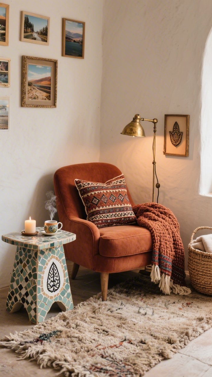 Detail-oriented medium shot of a cozy reading nook: low-profile slipper chair upholstered in cinnamon/rust with a chunky knit throw and a patterned kilim pillow; mosaic-tiled side table with a delicate Hamsa motif holding a steaming tea and a candle; nubby wool rug underfoot; swing-arm wall light in antique brass casting warm focused light; small gallery of travel photos with a petite Hamsa amulet framed in a shadowbox; woven basket for blankets nearby; intimate, textured atmosphere, photorealistic.