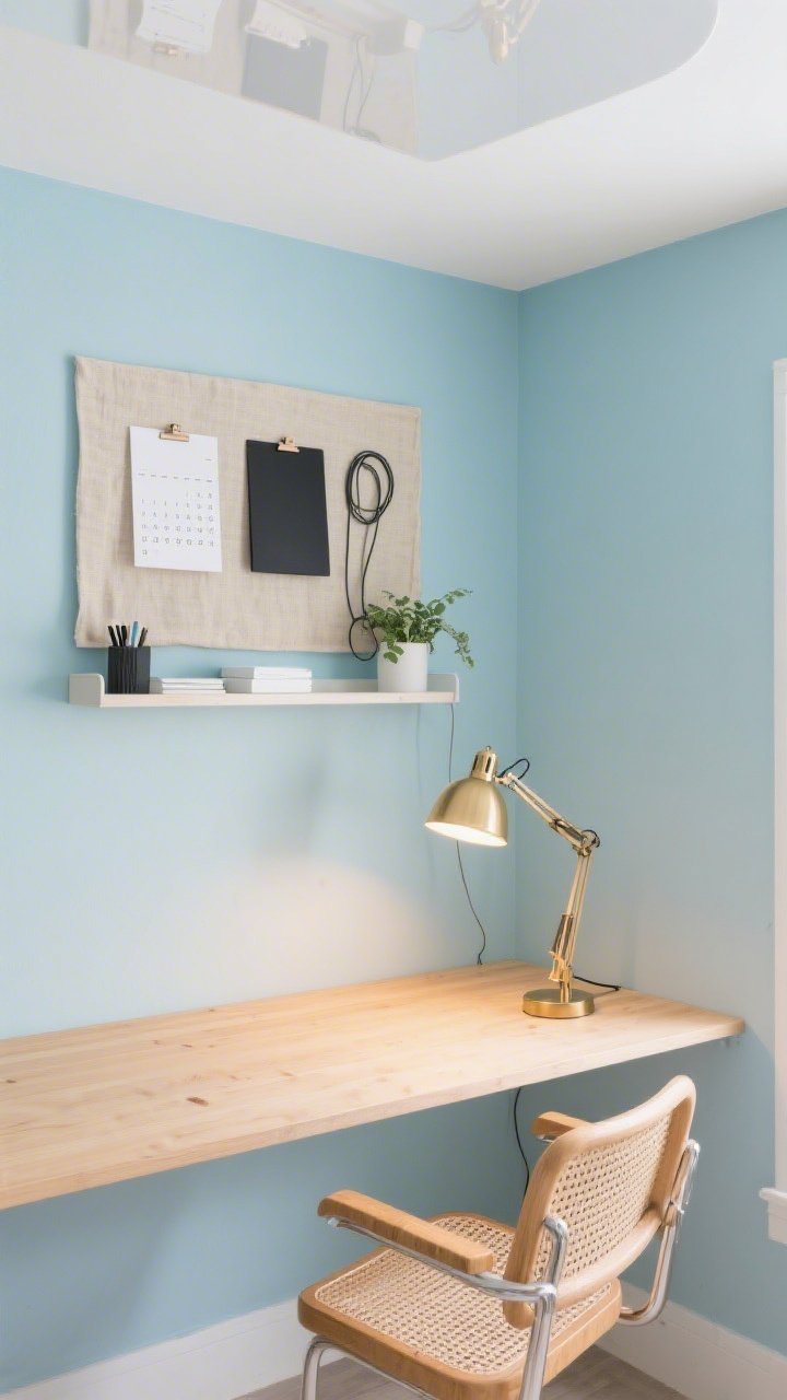 Detail/overhead shot: Airy home office nook desktop styled on a light wood desk against soft robin’s egg blue walls and white ceiling reflection; adjustable brass task lamp casting warm focused light, cane-backed chair edge visible; floating shelf with minimal essentials above; natural linen-wrapped pinboard with a minimal calendar, matte black and crisp white stationery, a small plant, and cords neatly tucked away; fresh, uncluttered, quietly energizing, photorealistic.