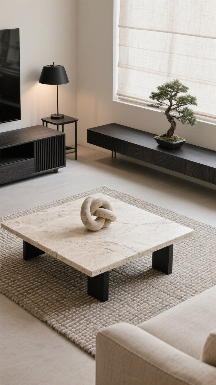 Detail overhead shot, Black Wood Meets Warm Linen Minimalism: top-down view of a rectangular travertine coffee table over a wool micro-grid rug; edge of a stone-colored linen sectional with slim black legs visible; nearby long floating shelf in black-stained ash displaying a pale stone knot sculpture and a small bonsai; hint of black-stained ash media console and matching slatted side table at frame edge; matte-black reading lamp casting focused warm light; linen roman shades softly filtering daylight; color palette stone, black ash, ecru, soft taupe; materials linen, ash wood, travertine, wool; crisp minimal styling, photorealistic.