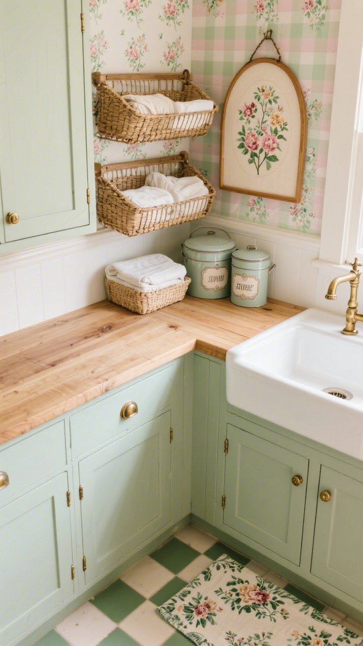 Detail overhead shot: Cottage core countertop vignette featuring butcher block with soft rounded edge atop pale sage shaker cabinets with antique brass latches and cup pulls. Framed embroidery hoop art leaning against floral/gingham wallpaper in blush, sage, and cream. Open plate rack reimagined to hold woven baskets and neatly folded linens. Vintage-style laundry tins and stitched labels arranged beside a small white apron-front sink corner with antique brass bridge faucet glinting softly. Hint of cream-and-soft-green checkerboard tile and a floral block-printed runner at edge; cozy, charming, photorealistic.