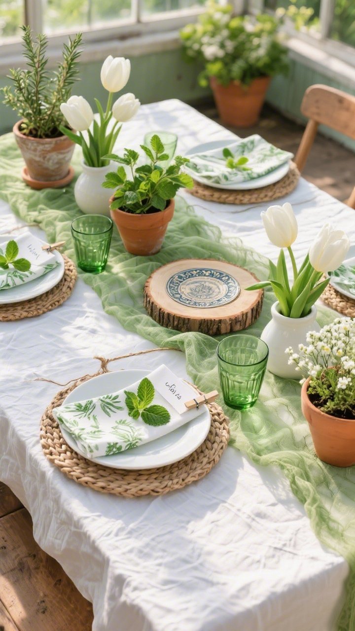 Detail overhead shot, Garden-Fresh Greenhouse textures: softly crinkled white tablecloth topped with a moss-green gauze runner; potted herbs—mint, rosemary, thyme—in mismatched terracotta and white ceramic pots; tucked white tulips and baby’s breath for lift; Seder plate set on a wood slice charger; woven chargers beneath soft-white plates, green glass tumblers catching sunlight; botanical-printed napkins folded with a sprig of mint and tiny place cards clipped to mini clothespins on twine; sunlit, fresh spring mood, photorealistic.
