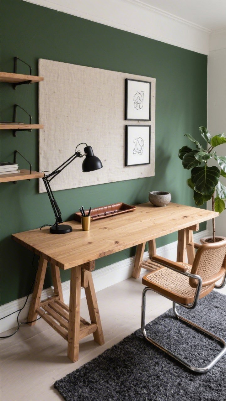Detail overhead shot of a studio office work zone: ink-green wall edge framing a solid oak trestle desk surface; open pine shelves in view along the margin; linen pinboard spanning the wall with monochrome line drawings in thin black frames nearby; cane-back chair partially visible; charcoal wool rug texture beneath; matte-black task light arm entering frame; leather cable tray, brass pen cup, and stoneware catchall neatly arranged; potted rubber tree leaves touching the edge; photorealistic, soft natural daylight for a serene, intentional feel.