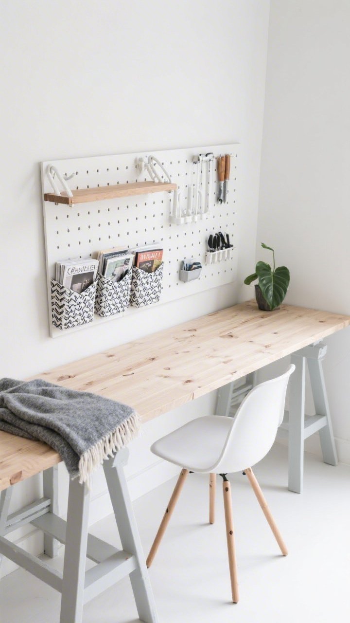 Detail/overhead shot, Scandinavian Workbench Nook: a cool white wall backdrop with a birch butcher-block counter spanning wall-to-wall, supported by two slim sawhorse-style legs; overhead composition featuring a grid pegboard system with oak shelves and white hooks neatly holding tools; fabric-covered magazine files arranged on the counter with patterns peeking out; a molded white task chair with wood dowel legs partially visible at the edge; accents include a gray wool throw and a tiny rubber plant; airy, bright, minimal palette of pale wood and soft grays, photorealistic.