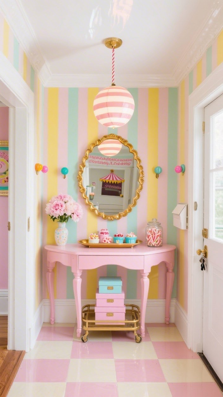Detail-rich entryway wide shot, straight-on of a Carnival Confection Entryway: vertical candy stripes on walls—lemon, mint, and powder pink—with a glossy white ceiling, bubblegum-lacquer curved console holding a mirrored tray with candy-colored catchalls, round circus-mirror above with scalloped brass edging reflecting light, opposite a narrow dessert bar cart doubling as drop zone with stacked pastel boxes for keys and mail, vase of peony “cotton candy,” and a glass jar of faux taffy, cream-and-blush checker floor tile, oversized glossy resin gumdrop knobs as wall hooks, globe pendant with striped cord illuminating the space, crisp cheerful lighting, photorealistic