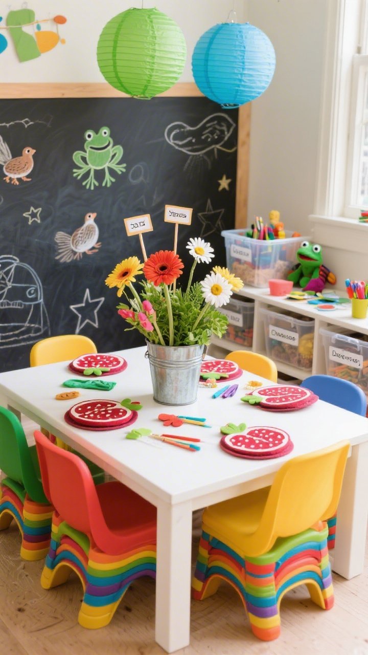 Detail shot at kid height: Bright kids’ craft-and-story zone with a low white laminate table surrounded by stackable rainbow chairs; a short, sturdy kid-proof floral centerpiece in a recycled tin bucket—cheerful gerberas, daisies, and greenery—featuring craft-stick labels for each Seder symbol; felt placemats shaped like pomegranates acting as craft stations with scattered safe craft supplies; chalkboard wall behind with doodles of frogs, quails, and stars; clear storage bins labeled Charoset Mix, Elijah’s Cup Decor, Frog Puppets; paper lanterns in grass green and sky blue overhead; playful, tidy, educational vibe.