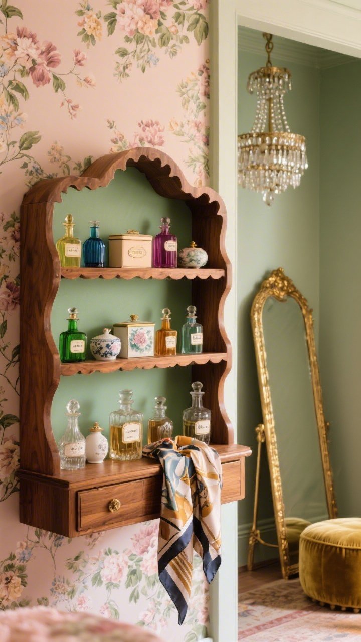 Detail shot, Eclectic Vintage Dressing Room: Closeup of a stacked walnut perfume shelf with scalloped edges in a corner, styled like a tiny apothecary. Mix of colored glass atomizers, porcelain trinket boxes, and hand-labeled decanters arranged artfully; a silk scarf draped casually over the lowest shelf. Background hints of muted floral wallpaper, a velvet pouf edge, and a leaning gold floor mirror reflecting sparkle from a beaded chandelier overhead. Palette: moss, dusty rose, walnut, antique brass. Warm, layered, playful mood with gently scattered light.