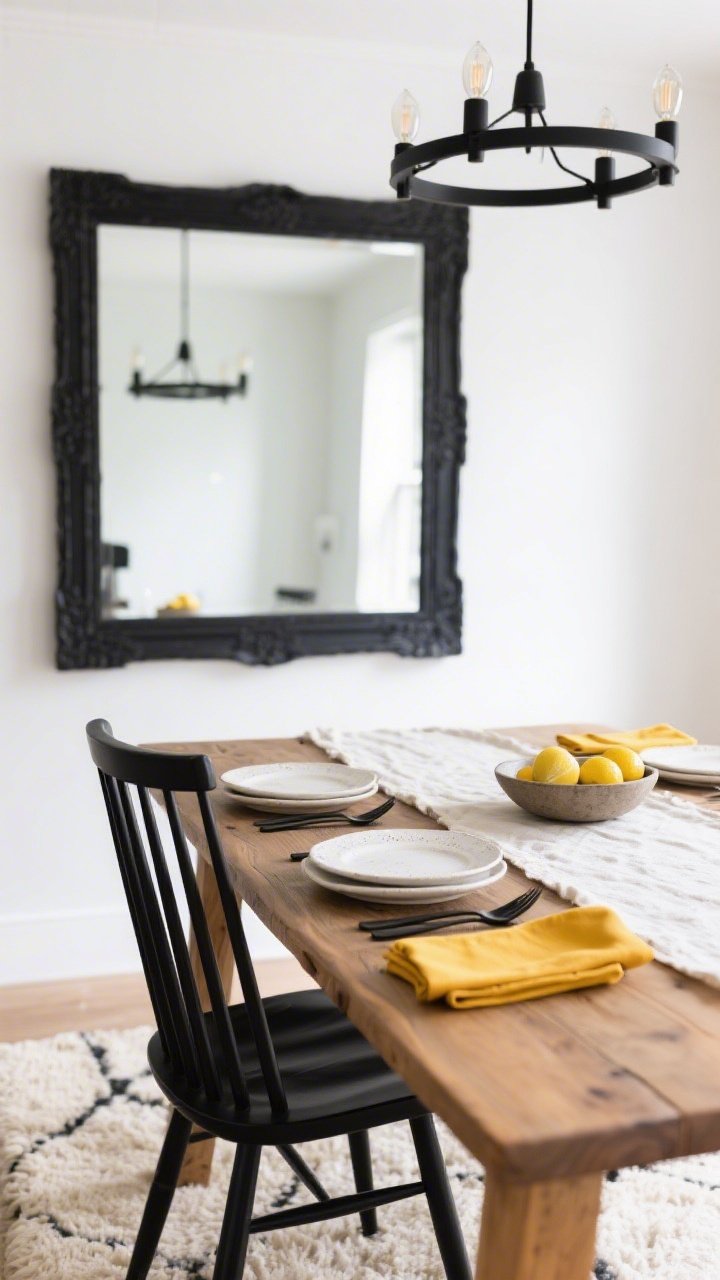 Detail shot, eye-level tabletop and seating contrast: High-contrast scene with soft white wall backdrop. A natural oak table surface set with a linen runner, black flatware, and chalky white stoneware plates. Edge of a slim sculptural black spindle chair visible for graphic contrast. Reflections from an oversized black-framed mirror on the wall multiply light. Overhead, the matte black chandelier with exposed bulbs softly glows; a cream wool rug is visible below. One bold pop of color: sunny marigold napkins folded beside the plates or a lemon-filled bowl at center. Bright yet editorial, photorealistic.