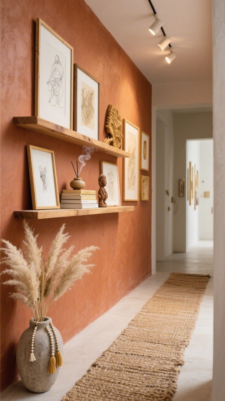 Detail shot from a hallway at a slight angle: warm terracotta wall with slim picture ledge shelves displaying a curated mix of artwork—sketches and textured pieces—framed in natural wood, white, and brushed gold; tiny ceramic incense holder emitting a wisp of smoke, mini stack of poetry books, and a small carved figure; woven runner along the floor, pampas stems in a stone vase, beaded tassels; overhead gallery light spotlighting the arrangement; palette of terracotta, natural wood, cream, gold; boho artist gallery vibe, photorealistic.