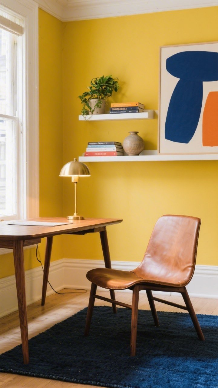 Detail shot from desk height: Mid-century study vignette with butter yellow wall backdrop, a walnut desk with tapered legs by a window, inky blue wool rug edge visible, brushed brass vintage-inspired task lamp casting warm focused light, a cognac leather sling chair with natural patina, floating white shelves styled with restraint—color-blocked books, a ceramic vase, a small plant—and an abstract print featuring navy, ochre, and cream; focused yet optimistic mood, photorealistic.