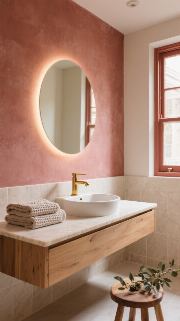 Detail shot in spa-calm bathroom: vanity wall in soft, muted rust with pink undertones; light oak floating vanity topped with creamy quartz; pill-shaped backlit mirror glowing softly; brushed gold faucet and hardware; matte ivory/pale sand tile glimpsed in background; waffle towels in stone neatly folded; small wood stool with eucalyptus; rust-painted window frame or ceiling trim as a crisp detail; clean, serene atmosphere; close-up at sink height with diffused daylight.