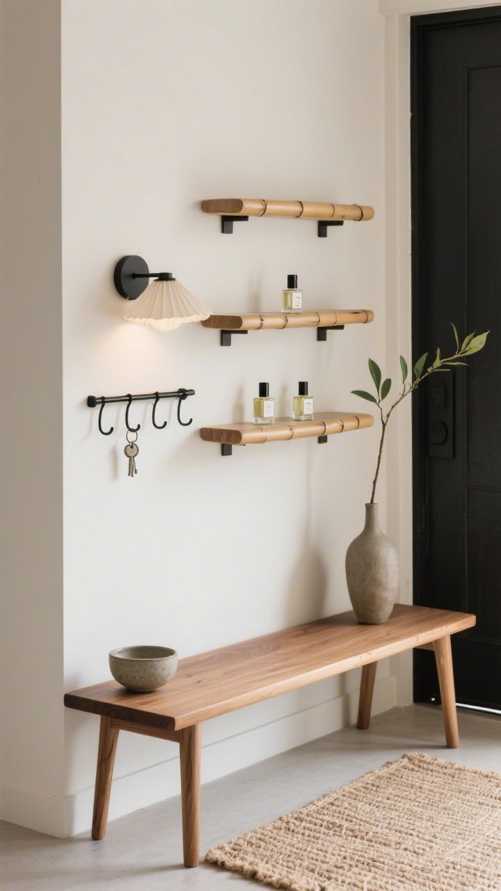 Detail shot, Japandi Serenity Entryway: Closeup of a tiered bamboo perfume shelf floating seamlessly in a corner—rounded edges, soft matte finish, no visible hardware—styled with a few minimalist perfume bottles. Below, a narrow ash bench over a woven jute runner; a small stoneware bowl with keys on the shelf. A slim black metal coat rail and a paper-shade wall sconce provide warm, diffused light. A tall ikebana-style vase with a single tea-leaf branch adds airy balance. Palette of natural wood, warm white, and charcoal accents. Calm, intentional composition from a slightly elevated angle.