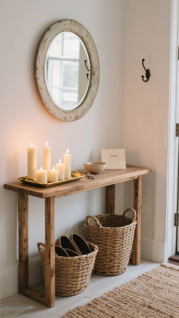 Detail shot of a candlelit entryway console: a narrow natural-wood console table with a tray of creamy, unscented candles in mixed heights creating a peaceful glow; above hangs a round antiqued mirror with softly aged edges; beneath, a woven basket for shoes or charity donations; on the console, a small ceramic dish holds keys beside a folded gratitude note; to the side, simple iron hooks mounted on the wall; a jute runner stretches along the floor; palette of bone white, warm wood, and aged brass; evening candlelight with subtle reflections, photorealistic, no people.