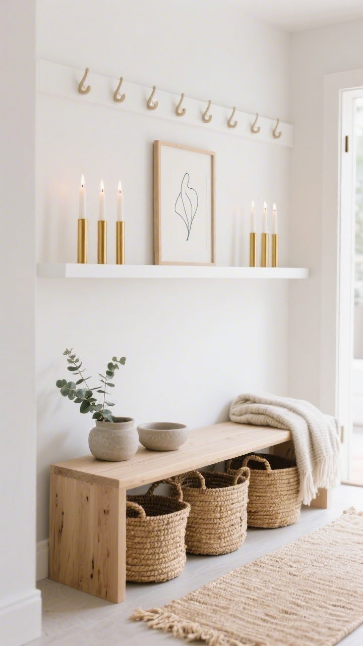 Detail shot, serene Scandinavian entry vignette, soft morning light: white floating ledge shelf over a pale oak bench with woven baskets beneath and an oatmeal runner nearby. On the shelf, six matte-gold Shabbat candles styled as two balanced groups—four left, two right—framing a simple framed line drawing at center. Accents include a stoneware catchall and a sprig of eucalyptus; peg rail visible above the bench with a folded wool throw. Palette of soft white, pale oak, flax, matte gold. Clean lines, airy minimalism, photorealistic, straight-on closeup.
