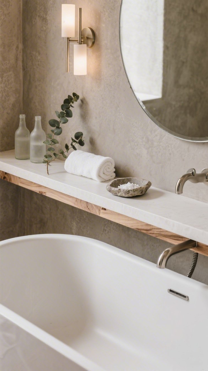 Detail shot, slightly elevated angle: Organic modern bathroom moment above a freestanding tub; a narrow white oak floating shelf set against warm gray micro-textured limewash walls; on the shelf: a rolled white towel, a small stone tray with bath salts, and a single eucalyptus stem; soft curves echoed nearby—partial view of an oval mirror and rounded faucet; bottles decanted in frosted glass visible at the periphery; materials white oak, stone, frosted glass, brushed nickel; dimmable sconces create spa-level, tranquil illumination with ample negative space.