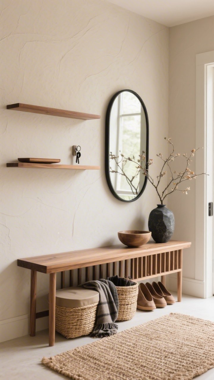 Detail shot, straight-on at waist height: Sand-toned plaster entry wall with gentle movement; two ultra-thin oak rail shelves—one mid-wall, one just above a narrow oak bench console with a slatted lower rack; shelves minimally styled with a slim tray for keys, a sculptural bowl, and a seasonal branch in a black stone vase; tall rounded-rectangle mirror with a thin black frame reflecting soft natural light; flat-woven tight jute floor mat; lidded baskets for shoes and scarves tucked below; warm, elevated simplicity; photorealistic.