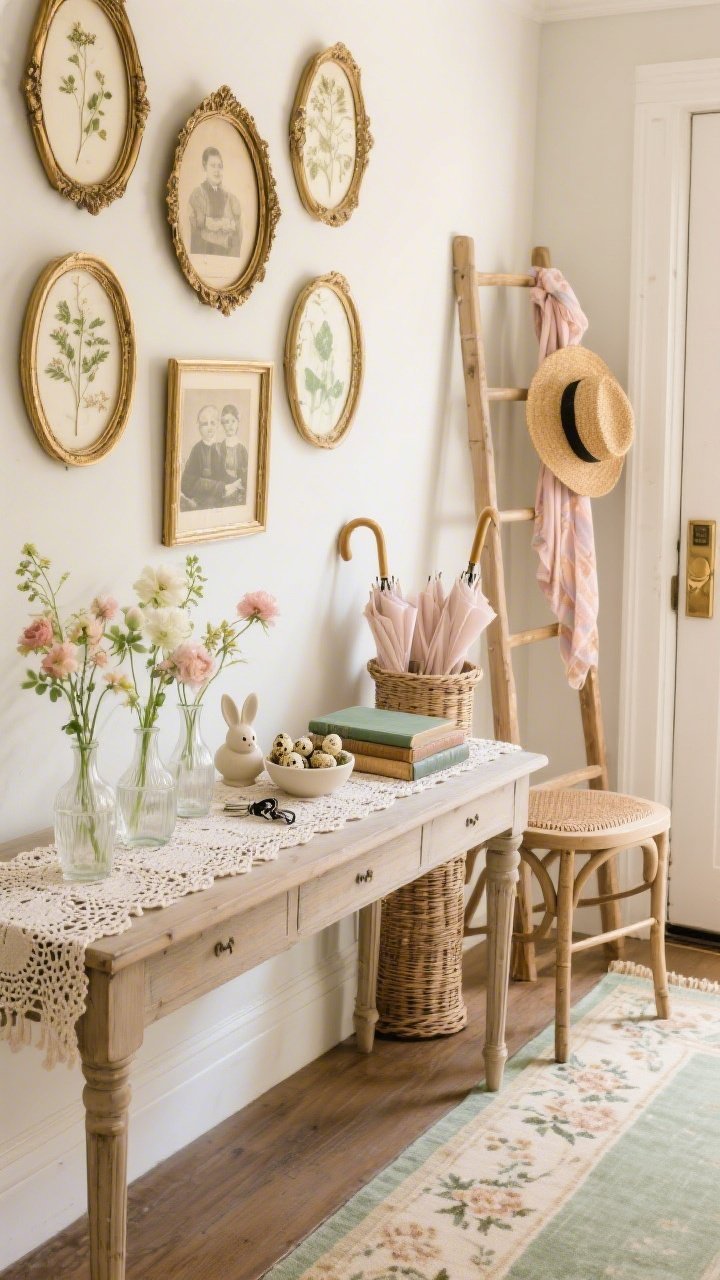 Detail shot, straight-on vignette: An entryway console table dressed in a crochet lace cloth and a runner of muted florals arranged in milk-glass bud vases. Above, a cluster of oval gilded frames holds pressed botanicals and sepia family photos. Beside the console, a wicker umbrella stand corrals ribbon-tied parasols; a ladder-back chair with cane seat supports a straw hat and a pastel scarf. On the tabletop, a ceramic bunny bowl for keys and a small basket of speckled eggs atop vintage books. A floral border rug in dusty sage and oatmeal leads inward. Palette of tea-stain beige, pale celery, blush, and warm brass in soft foyer light.