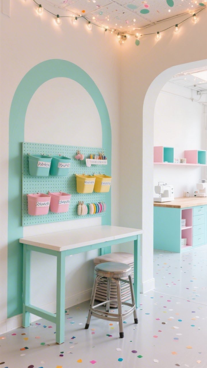 Detail shot, straight-on vignette of one station: The pastel creative co-op’s mint sewing zone framed by an arched wall decal, compact desk with a matching mint pegboard neatly arranged, color-coded bins with washi-taped labels, a stackable stool tucked under; glimpses of blush and powder blue stations soft-focused in the background; a shared center island with cubbies just beyond; confetti-speckled vinyl floor underfoot; clip-on fairy lights strung across the ceiling adding cheerful sparkle; bright, communal, photorealistic, no people.