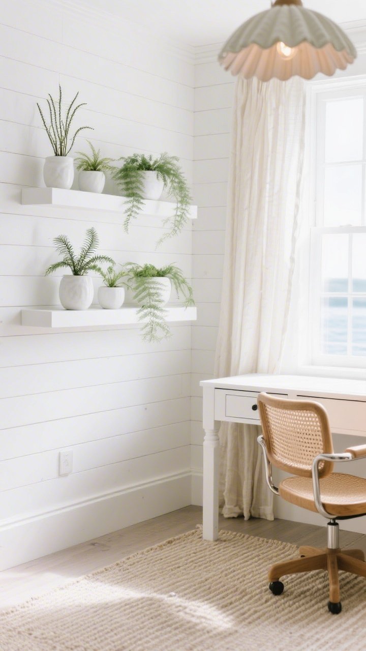 Detail, slightly elevated straight-on photorealistic shot focusing on textures and light: a painted-white shiplap wall with slim floating ledges holding white ceramic pots in varied sizes, planted with airy asparagus fern, maidenhair, and other feathery ferns to create a delicate, sea-spray effect; bright, breezy natural light filtered through sheer flax curtains; hints of a white Parsons desk edge and a rattan swivel chair texture in frame; a shell-inspired pendant softly glowing out of focus; sandy-striped flatweave rug visible below; palette of cloud white, sea-salt beige, soft sage, sunlit wood; crisp coastal calm.